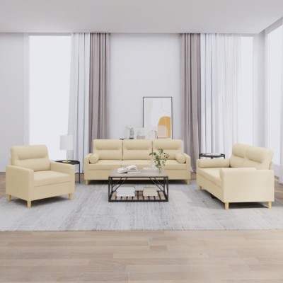 vidaXL Set de canapele cu perne, 3 piese, crem, textil 3201554 foto