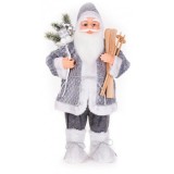 Decoratiune Craciun, Mos Craciun cu schiuri si cadouri, gri si puf alb, 60 cm, Strend Pro