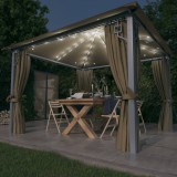 VidaXL Pavilion cu perdele&amp;șiruri lumini LED gri taupe 3x3 m aluminiu