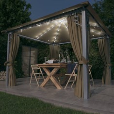 vidaXL Pavilion cu perdele&amp;șiruri lumini LED gri taupe 3x3 m aluminiu 3070334