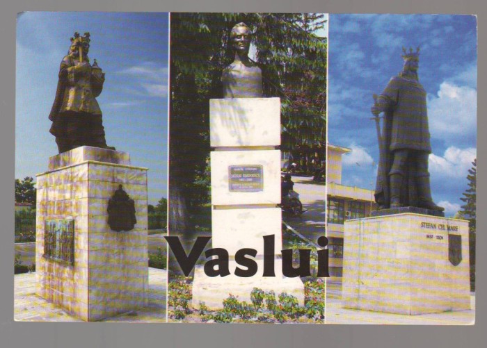 CPIB 23834 CARTE POSTALA - JUD. VASLUI - STATUILE LUI PETRU RARES - HUSI, M. EMINESCU - BARLAD, ST cel MARE - VASLUI, NECIRCULATA