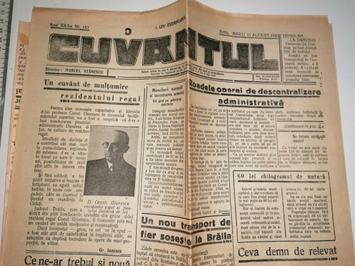 ZIAR CUVANTUL- BRAILA 13 AUGUST 1939 -DIRECTOR MARCEL STANESCU