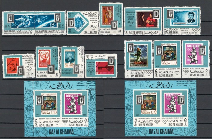 Ras al Khaima 1969 Mi 299/311 bl 70 A+B MNH- Exp Int de timbre EFIMEX &#039;68, Mexic