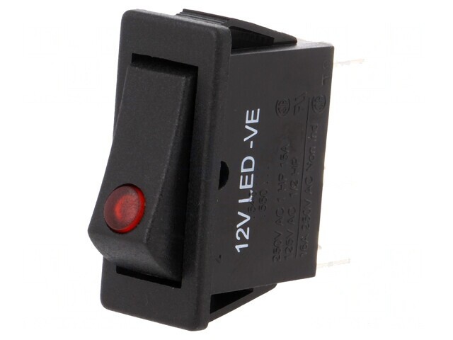 Rocker Switch ON-OFF 12A 250VAC Black with LED