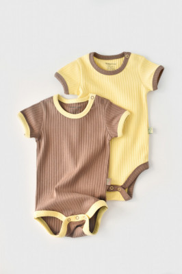 Set 2 body-uri Ribana Bebe Unisex din bumbac organic si 5%elastan - Vanilie/Maro BabyCosy (Marime: 6-9 luni) foto