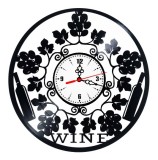 Ceas de perete decorativ realizat din disc de vinil, Model Vin Crama Wine Struguri Sticle, Alb Negru, 30 cm