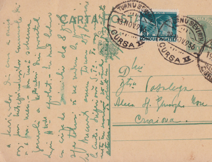 CARTE POSTALA CIRCULATA TR.SEVERIN - CRAIOVA 18 \ 19 NOV.1936