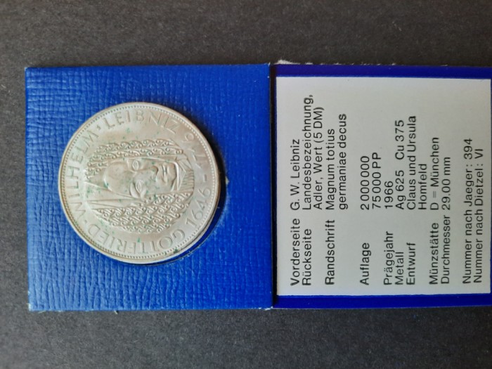 5 DM comemorative &quot;M.W. Leibniz&quot; 1966, RFG - G 4651