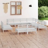 Set mobilier de grădină, 11 piese, alb, lemn masiv de pin