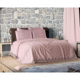 Set Lenjerie + Cuvertura de lux Matlasata cu broderie Eleganta 6 piese Roz Pudra