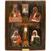 Icoană pe lemn &bdquo;Iisus pe cruce și Maica Domnului cu Pruncul &icirc;n patru tipuri iconografice&rdquo;, școală rusească, sec. XIX
