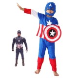 Costum Captain America pentru copii, First Avenger, poliester, albastru, figurina inclusa, 7-9 ani, 120-130 cm