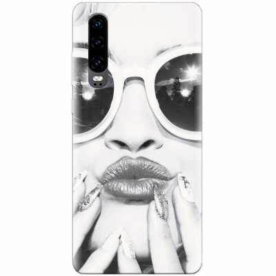 Husa silicon pentru Huawei P30, Black And White Portrait Blonde Model In Fashion Sunglasses foto