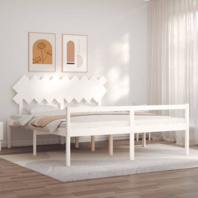 vidaXL Cadru de pat senior cu tăblie, alb, Super King Size, lemn masiv foto