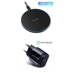Incarcator Wireless Fast Charge 15W, Black , +Adaptor FAST Chargers 18w /3.0
