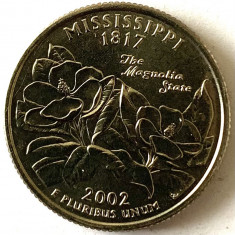 AMERICA QUARTER 1/4 DOLLAR 2002 LITERA D.(„Statul Magnolia” - MISSISSIPPI)