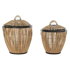 Set de Coșuri DKD Home Decor Negru Natural Metal Ratan 48 x 48 x 55 cm (2 Unități)