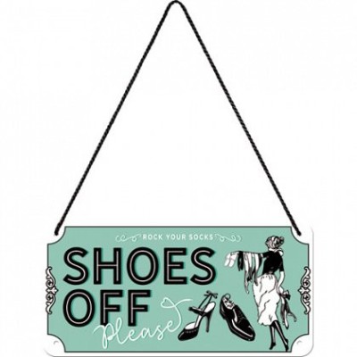 Placa metalica cu snur - Shoes Off - 10x20 cm foto