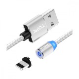 Cablu magnetic incarcare telefon, TOPK, LED, 1m 2.4A USB rotatie 360, compatibil cu iPhone sau iPad, argintiu / gri