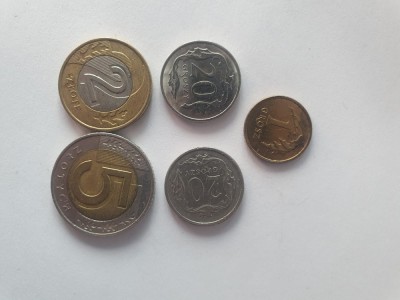 5 monede actuale din Polonia: 2 si 5 zloti, 1 si 20 (2) groszy foto