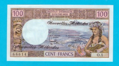 Bancnotă Noile Hebride (pick 18) 100 Francs 1977 UNC serie: O.1 66614 foto