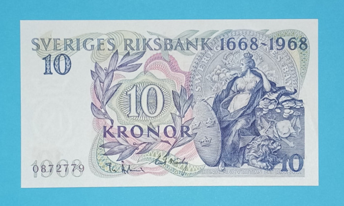 Suedia 10 Kronor 1968 &#039;Riksbank&#039; aUNC serie: 0872779, Comemorativa