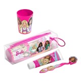 Set ingrijire orala pentru calatorie, Barbie, Periuta cu capac, pasta de dinti 75 ml, pahar si borseta, pentru fetite, 2042, Lorenay