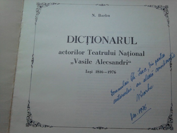 N. Barbu - Dictionarul actorilor Teatrului National V. Alecsandri Iasi, 1976