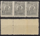 ROMANIA Ferdinand uzuale tip Bust Mic 1920 timbru 3 Bani eroare pereche orizontala nedantelata la mijloc intr-un streif de trei MNH