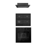 Pachet incorporabil Studio Casa Tele Rialto, Cuptor electric sticla neagra, Plita gaz neagra si hota telescopica neagra, 78 l, 7 functii, Ventilator,