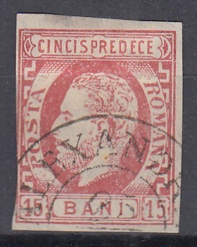 ROMANIA 1872 LP 32 REGELE CAROL I CU BARBA 15 BANI ROSU STAMPILAT ALEXANDRIA foto