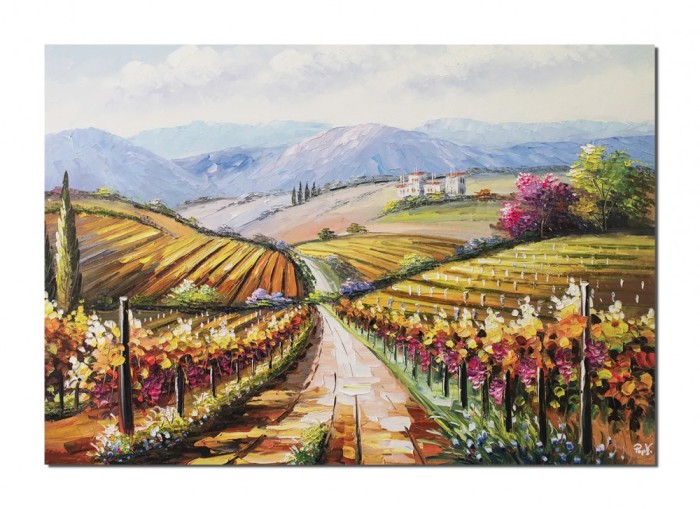 Tablou cu vita de vie pictat manual, Peisaj cu podgorie, colt de rai, 100x70cm ulei pe panza in cutit efect 3D