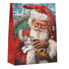 Punga Cadou Craciun, Mos Craciun Cu Pisica, Hartie, 26x10x32cm, Ro?u, Detalii Glitter Holografic foto