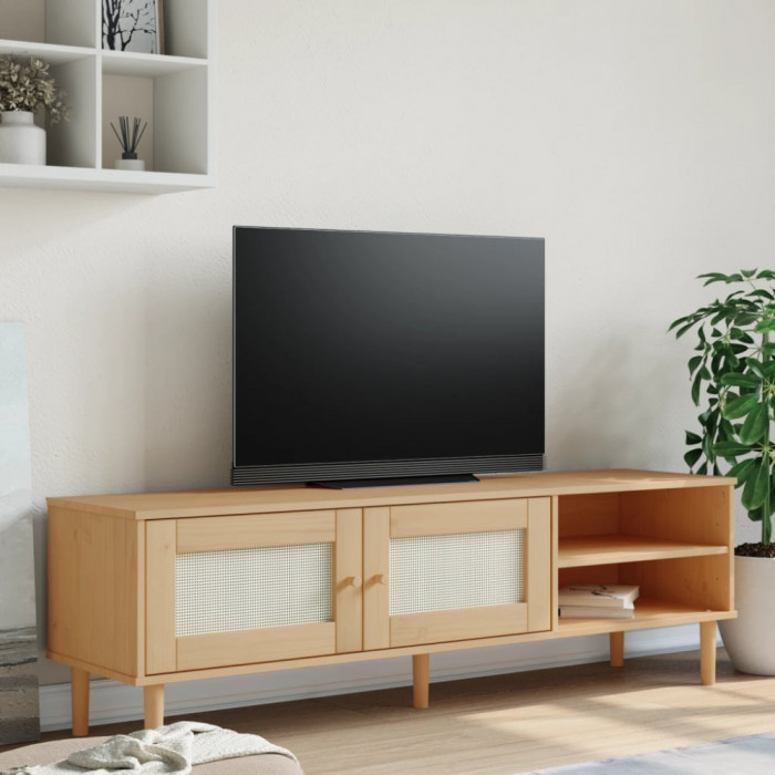 Comoda TV SENJA aspect ratan maro, 158x40x49 cm, lemn masiv pin GartenMobel Dekor