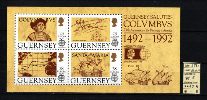 UK, Guernsey, 1992 | 500 ani Descoperirea Americii - Navigaţie, CEPT | MNH | aph