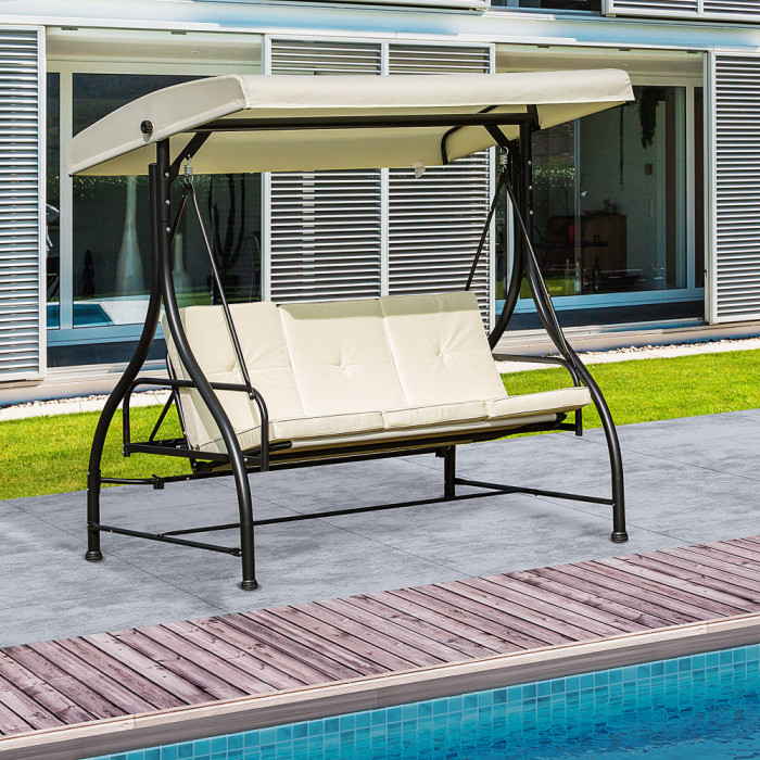 Outsunny Leagan Recliner de Gradina cu Acoperis Parasolar pentru 3 Persoane, 196 x 117 x 178cm Crem