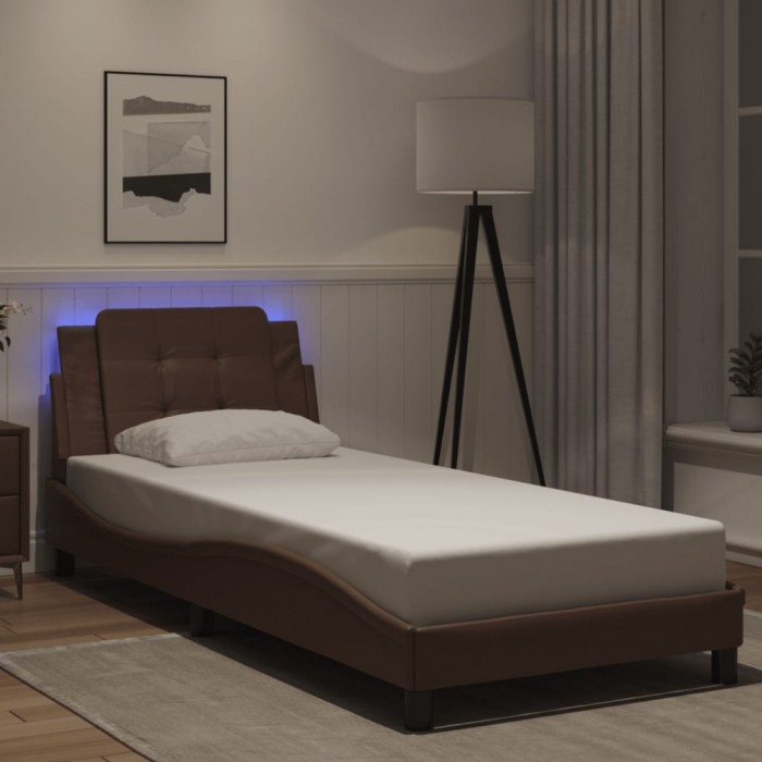 vidaXL Cadru de pat cu lumini LED, maro, 90x190 cm, piele ecologică 3214077