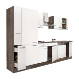 Mobilier de bucătărie Yorki 310, cu corp din stejar Yorki, fațadă albă cu finisaj satinat și dulap cu rafturi, fără blat de lucru