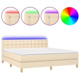 Cumpara ieftin Pat cu arcuri, saltea si LED, crem, 160x200 cm, textil