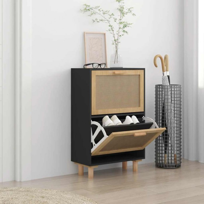 vidaXL Pantofar, negru, 52x25x80 cm, lemn prelucrat și ratan natural 345646