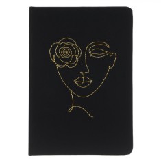 Carnet Notițe A5, Model Chip Femeie Cusut Auriu, Copertă PU Neagră, 80 File