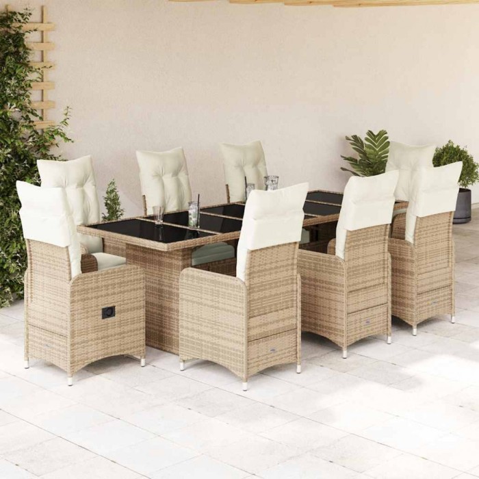 Set bistro de grădină, 9 piese, cu perne, bej, poliratan