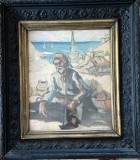 Tablou / lucrare Ioan ISAC (1885 - 1950), ulei pe carton, temă orientală, turc, Dobrogea, Balcic (?), ramă splendidă, 53x46 / 33x27, arta romaneasca