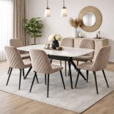 Cumpara ieftin Set masa living Elegant FDT4, blat caramica, structura metalica, 140x80x75 cm, alb maro si 6 scaune Doina FDC2, tapiterie catifea, 90 kg, bej