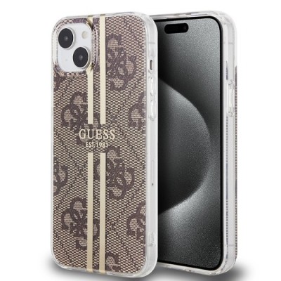 Husa pentru iPhone 15 Plus / iPhone 14 Plus - Guess Hardcase IML 4G Gold Stripe (GUHCP15MH4PSEGW) - Brown foto