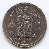 Indiile de Est Olandeze 1/10 Gulden 1920 Wilhelmina, Argint 1.25g/720,KM-311 (2)