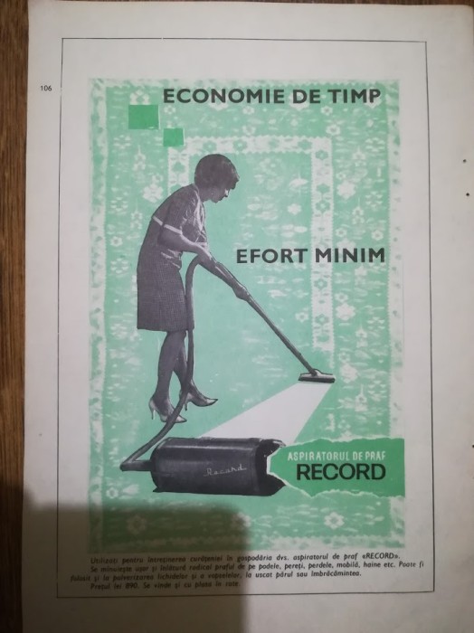 1967 Reclama Aspirator de praf RECORD Timisoara, comunism, stil viata 24x16,5