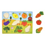Puzzle din Lemn cu Piese cu Buton &ndash; Fructe si Legume, 9 Piese, Joc Educativ pentru Copii