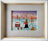 Franco MORA (n. 1949)-Peisaj de iarnă cu femeie şi f&acirc;nt&acirc;nă, pictură naivă, Scene gen, Ulei, Altul