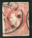 1868 , Lp 24 a , Carol I cu favoriti 18 Bani rosu-carmin , stampila timp Braila, Stampilat
